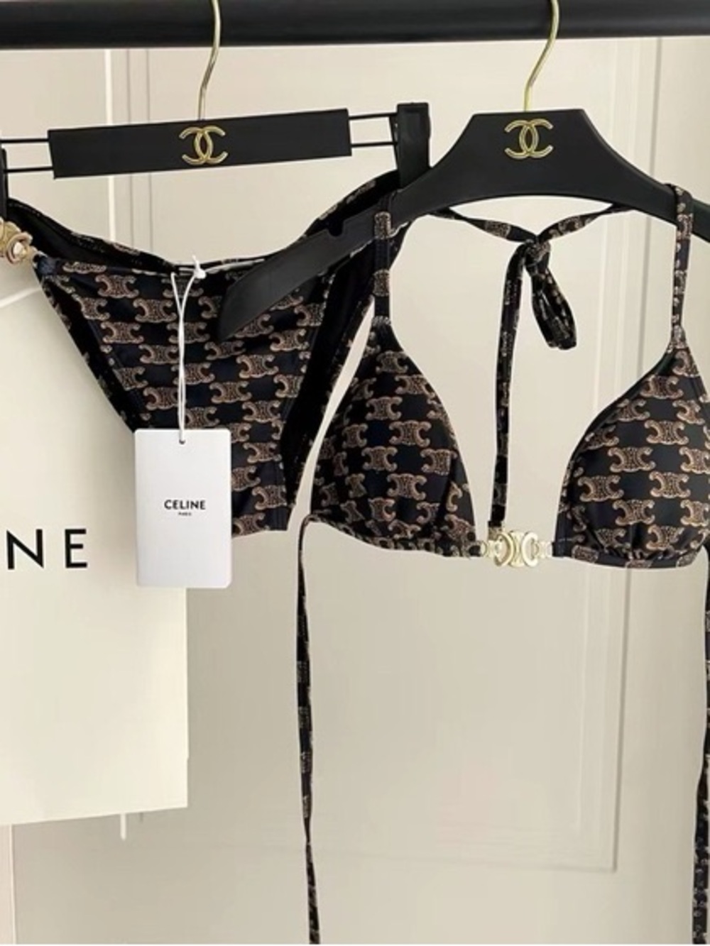 Celine Black Monogram Triangle Bikini Set with Gold Hardware